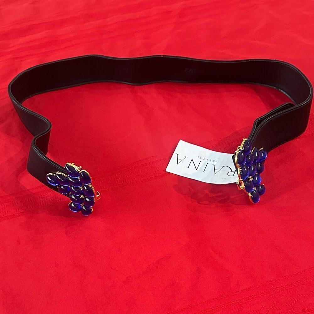 NWT RAINA BLK WISTERIA Elegant Black Belt with Blue Gemstone Accent - Picture 10 of 12